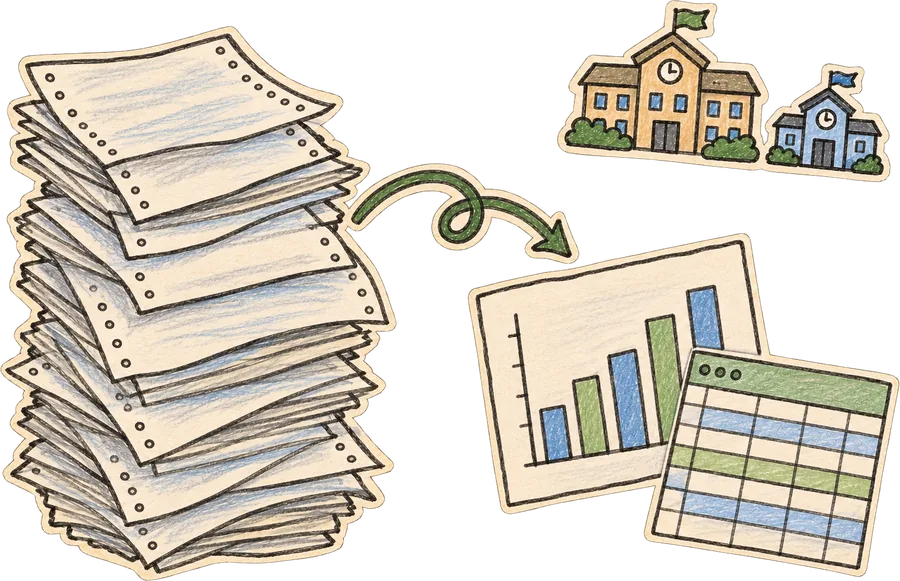 A tall stack of messy printouts turning into a neat bar chart and spreadsheet