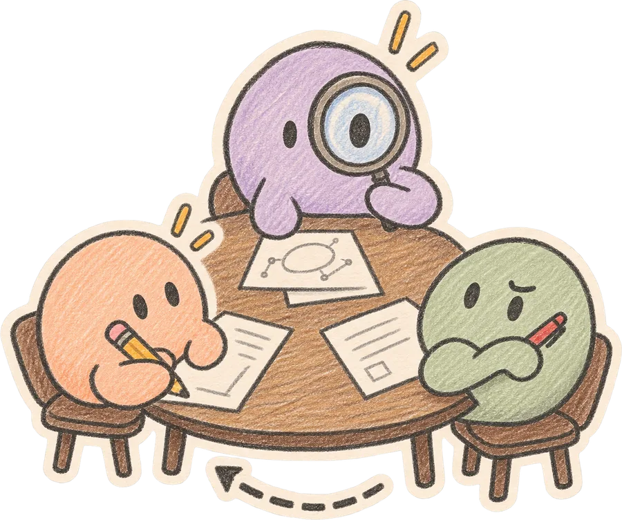 Three little blob characters around a table: one researching, one writing, one critiquing