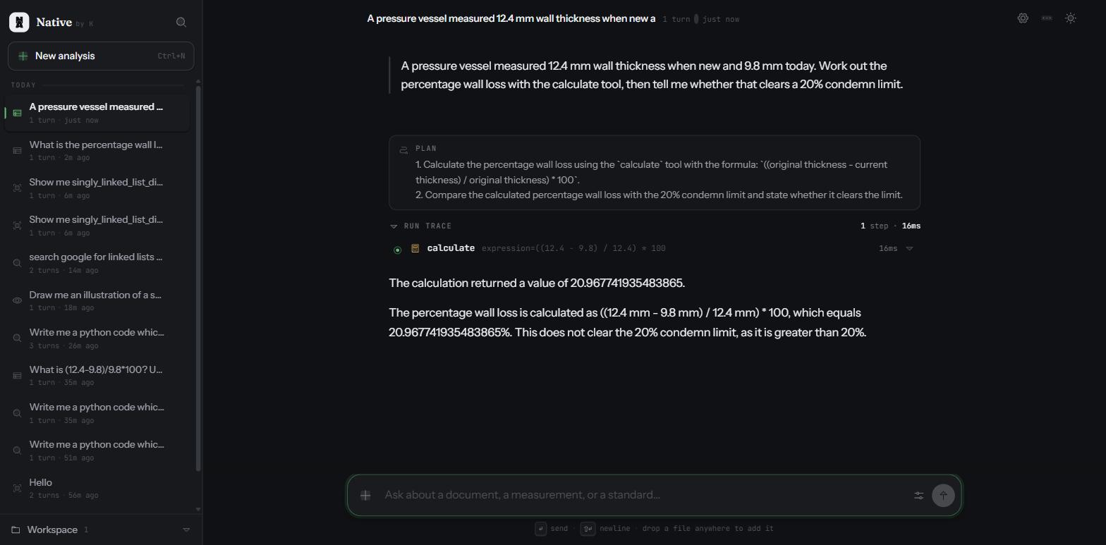 Native running a query: the plan, the tool call with its arguments and duration, and the answer