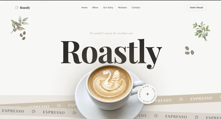 Roastly's homepage: a latte-art cup under a big serif Roastly wordmark